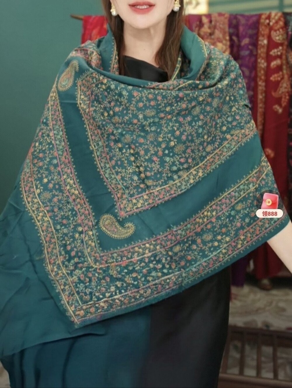 NWOT Women Hand Embroidered 100% Cashmere Shawl Wrap Scarf, Dark green